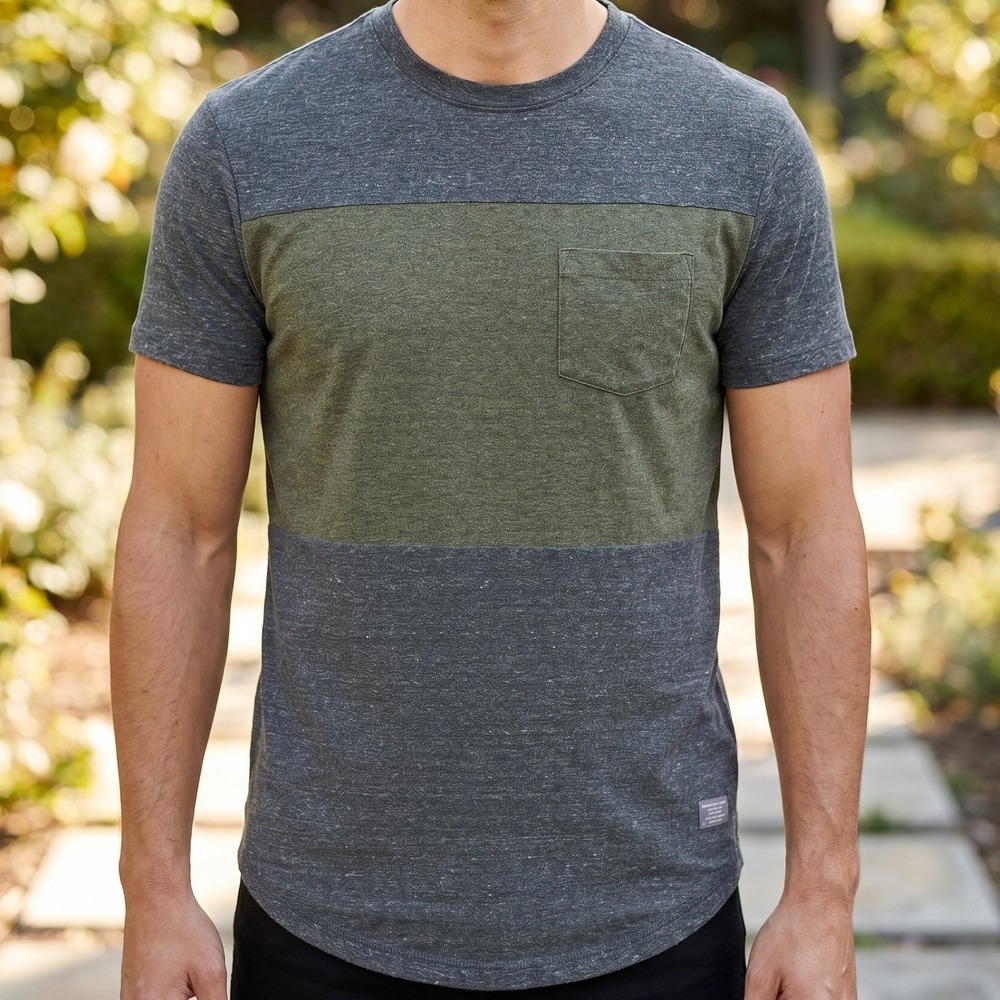 American Eagle Mens Colorblock Pocket T-Shirt Grey Green Curved Hem AE-177